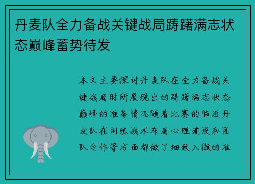 丹麦队全力备战关键战局踌躇满志状态巅峰蓄势待发