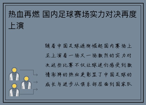 热血再燃 国内足球赛场实力对决再度上演